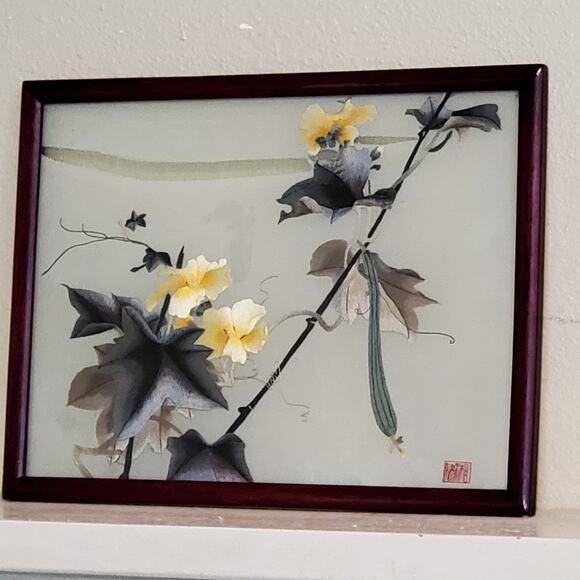 Chinese Silk Screen Embroidery Glass Inlaid Table Screen 16x12 Inch Framed - Picture 2 of 5